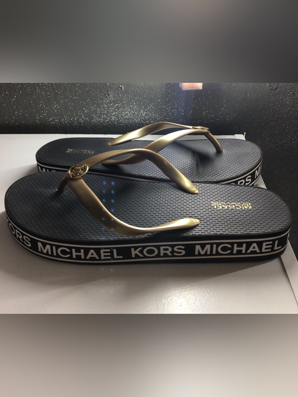 Michael Kors Gold and Black Logo Flip Flops